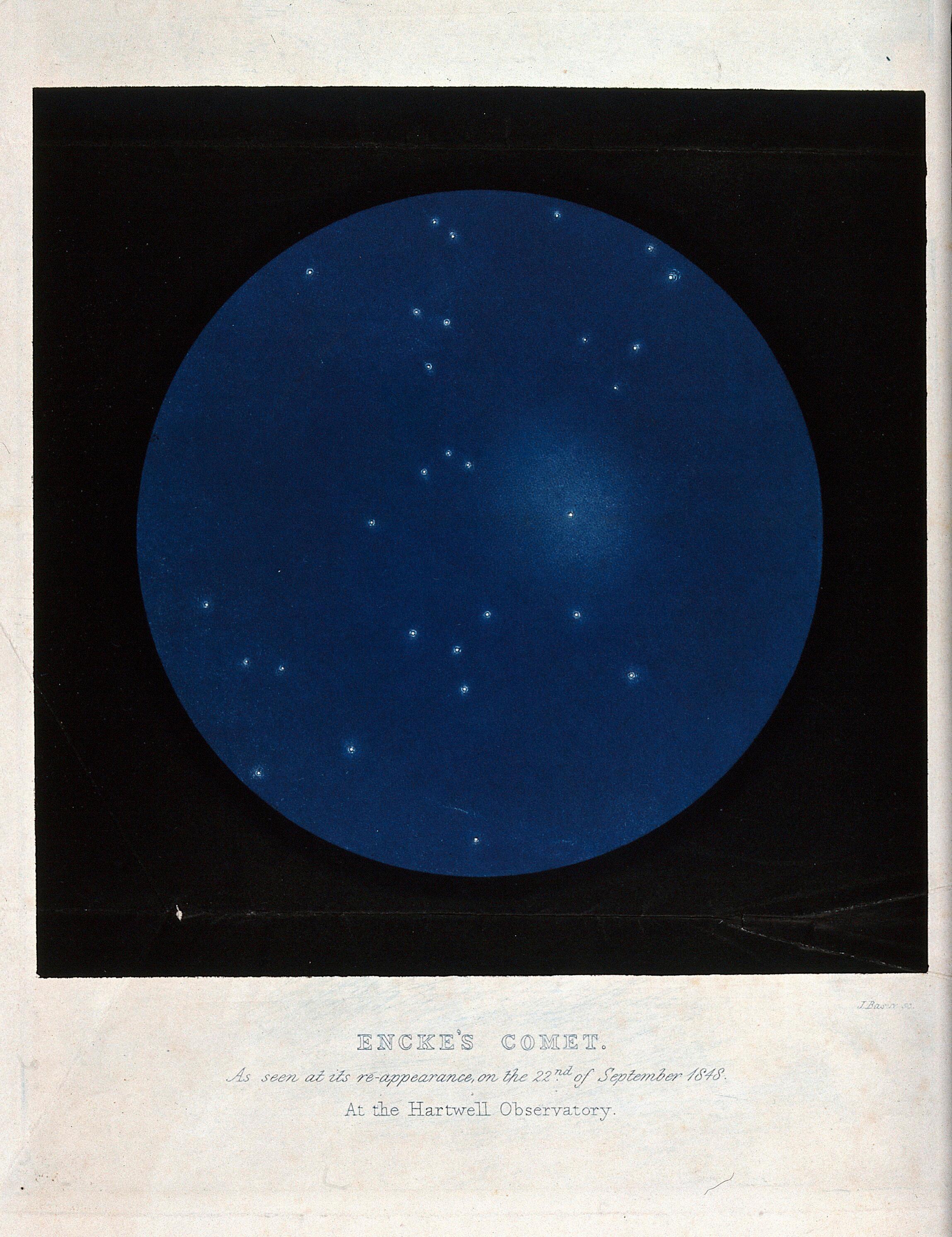 Astronomy: stars in the night sky, with Encke's comet. Coloured engraving by J. Basire, 1851 after C. Piazzi Smyth. Wellcome Collection.